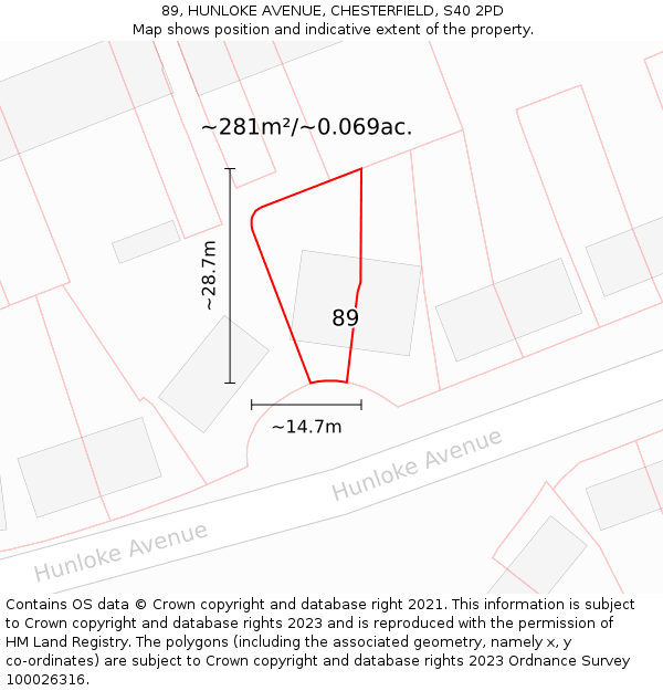 89, HUNLOKE AVENUE, CHESTERFIELD, S40 2PD: Plot and title map