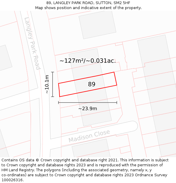 89, LANGLEY PARK ROAD, SUTTON, SM2 5HF: Plot and title map