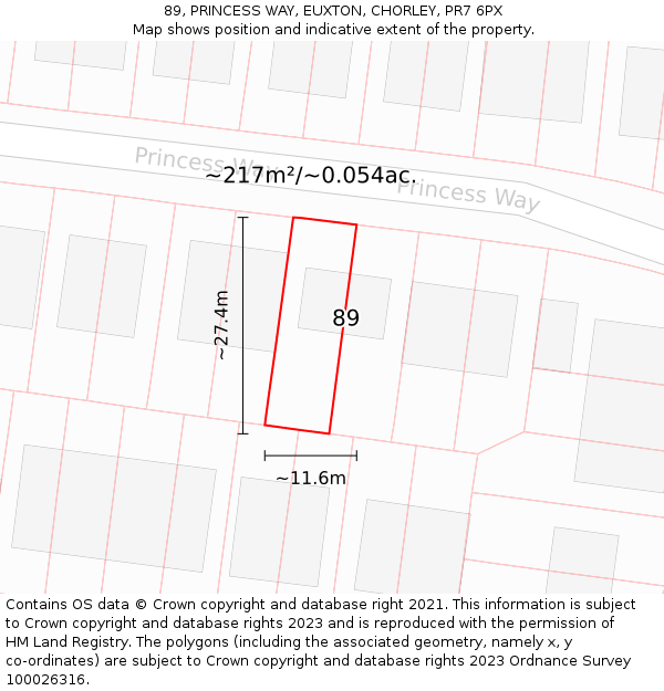 89, PRINCESS WAY, EUXTON, CHORLEY, PR7 6PX: Plot and title map