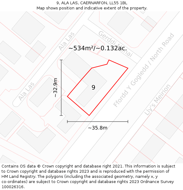 9, ALA LAS, CAERNARFON, LL55 1BL: Plot and title map
