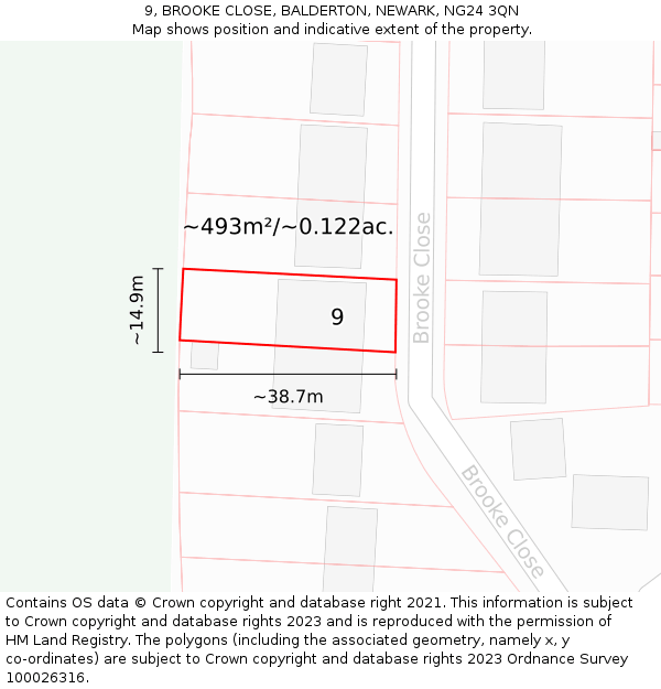 9, BROOKE CLOSE, BALDERTON, NEWARK, NG24 3QN: Plot and title map