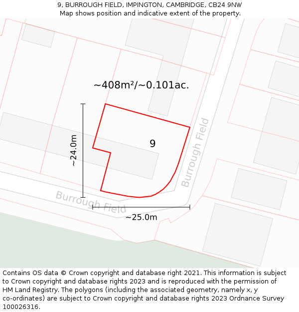 9, BURROUGH FIELD, IMPINGTON, CAMBRIDGE, CB24 9NW: Plot and title map