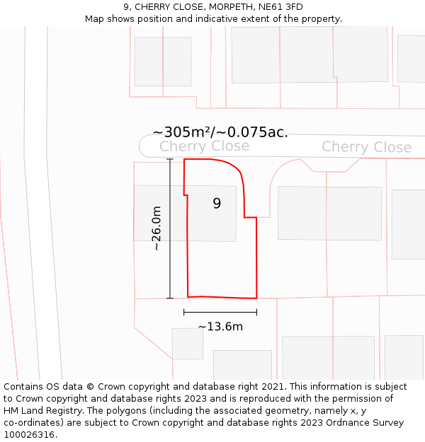 9, CHERRY CLOSE, MORPETH, NE61 3FD: Plot and title map