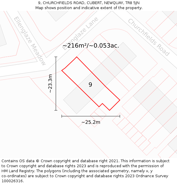 9, CHURCHFIELDS ROAD, CUBERT, NEWQUAY, TR8 5JN: Plot and title map