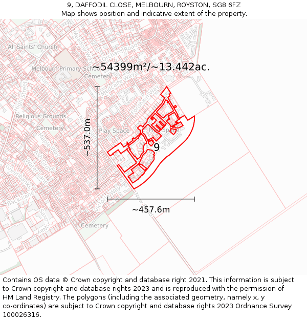 9, DAFFODIL CLOSE, MELBOURN, ROYSTON, SG8 6FZ: Plot and title map