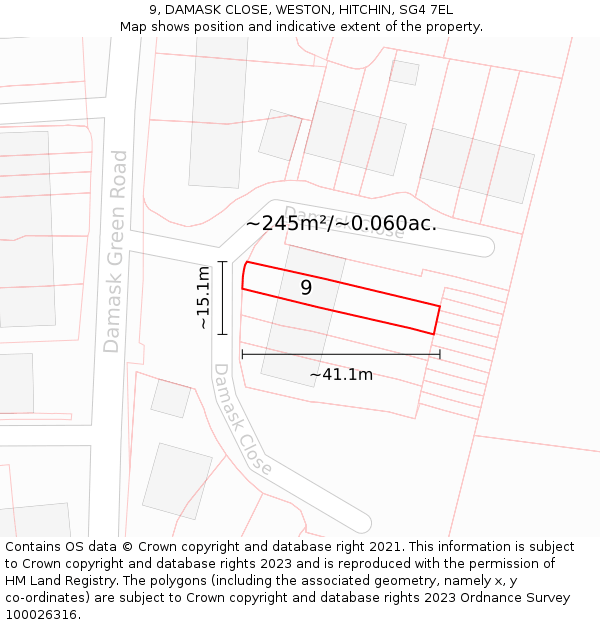 9, DAMASK CLOSE, WESTON, HITCHIN, SG4 7EL: Plot and title map