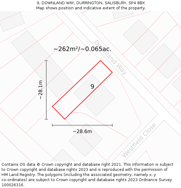 9, DOWNLAND WAY, DURRINGTON, SALISBURY, SP4 8BX: Plot and title map