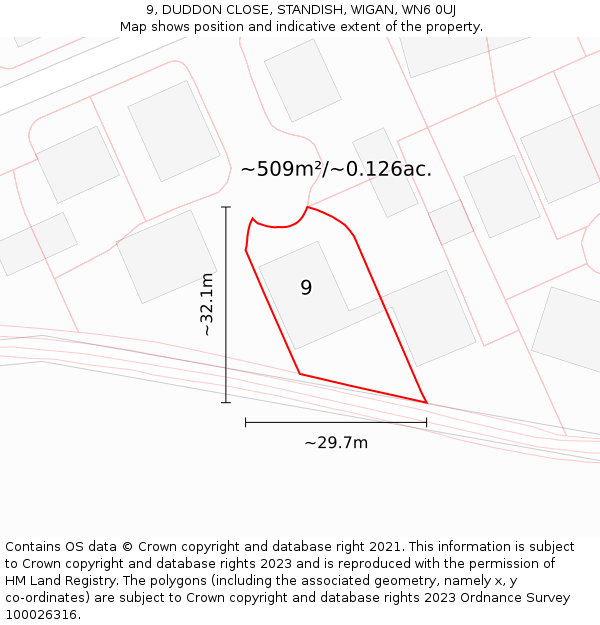 9, DUDDON CLOSE, STANDISH, WIGAN, WN6 0UJ: Plot and title map