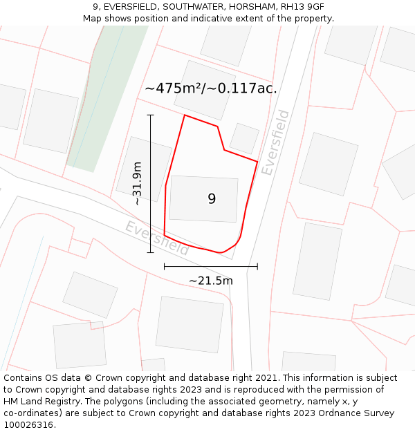 9, EVERSFIELD, SOUTHWATER, HORSHAM, RH13 9GF: Plot and title map