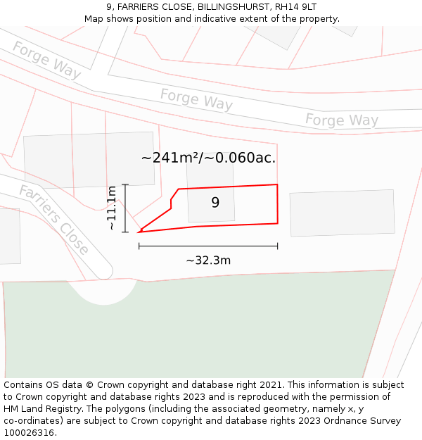 9, FARRIERS CLOSE, BILLINGSHURST, RH14 9LT: Plot and title map