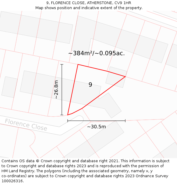 9, FLORENCE CLOSE, ATHERSTONE, CV9 1HR: Plot and title map