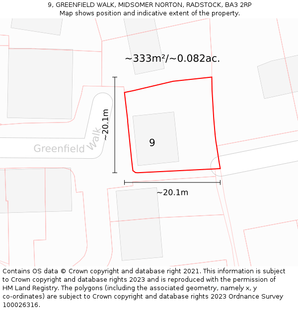 9, GREENFIELD WALK, MIDSOMER NORTON, RADSTOCK, BA3 2RP: Plot and title map
