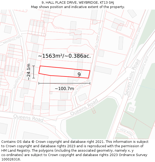 9, HALL PLACE DRIVE, WEYBRIDGE, KT13 0AJ: Plot and title map
