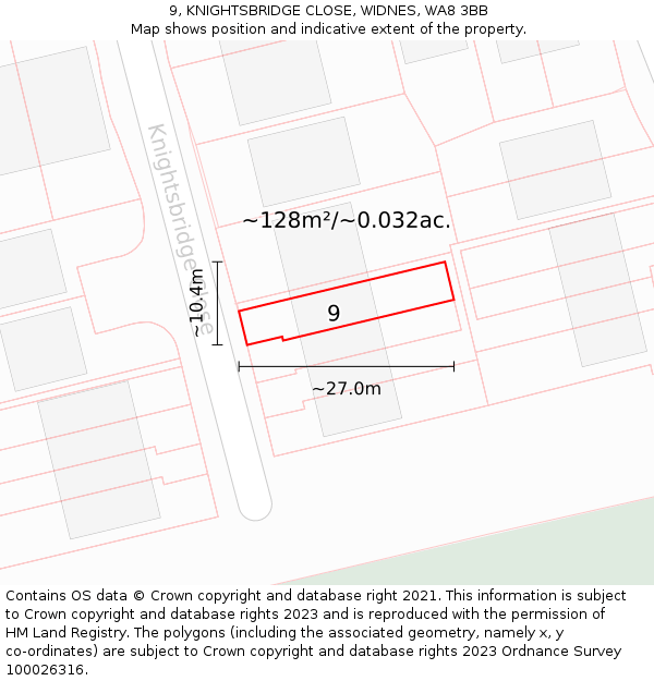 9, KNIGHTSBRIDGE CLOSE, WIDNES, WA8 3BB: Plot and title map