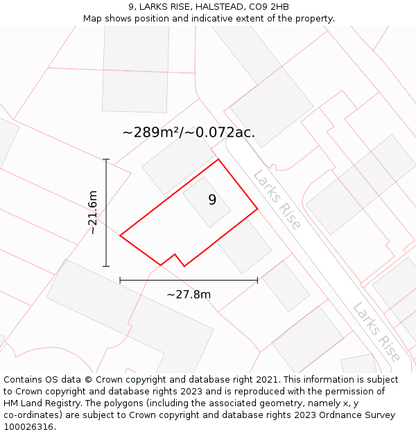9, LARKS RISE, HALSTEAD, CO9 2HB: Plot and title map