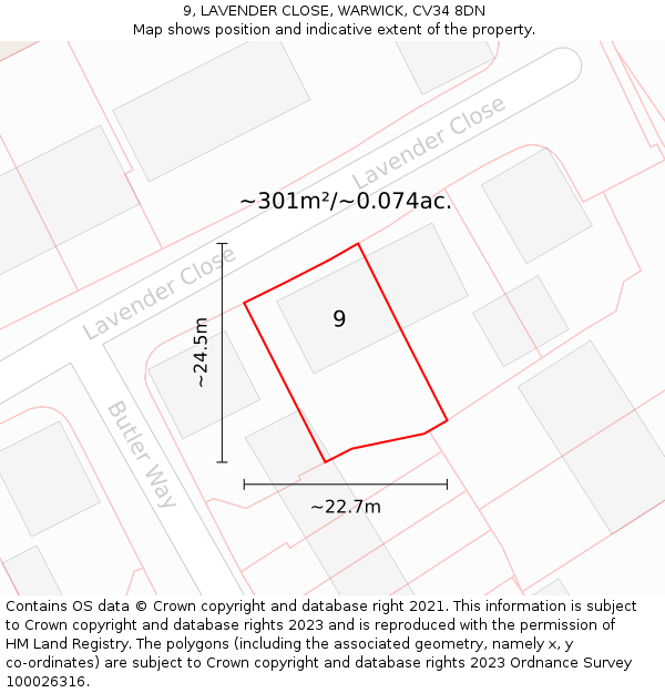 9, LAVENDER CLOSE, WARWICK, CV34 8DN: Plot and title map