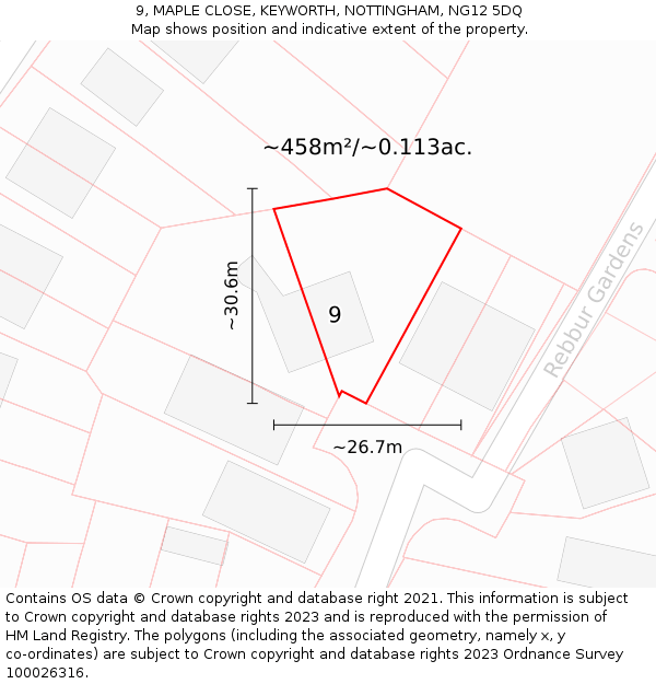 9, MAPLE CLOSE, KEYWORTH, NOTTINGHAM, NG12 5DQ: Plot and title map