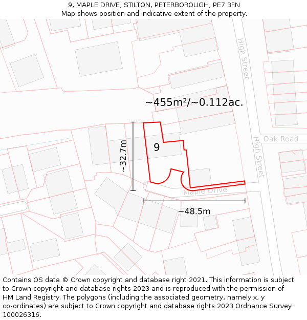 9, MAPLE DRIVE, STILTON, PETERBOROUGH, PE7 3FN: Plot and title map