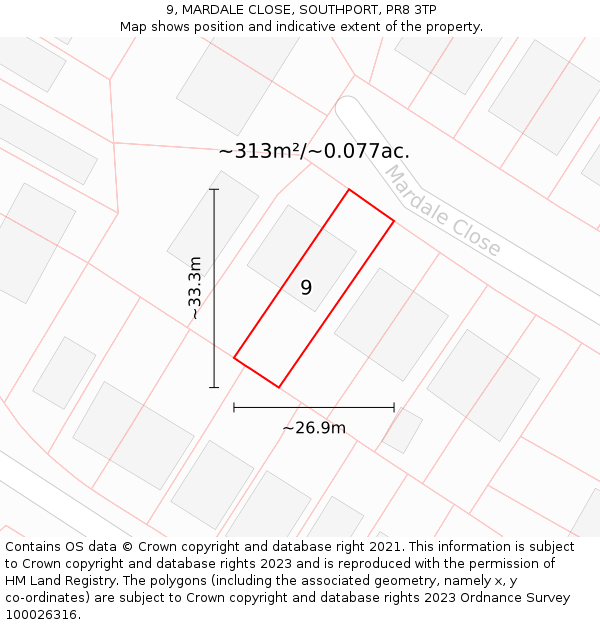 9, MARDALE CLOSE, SOUTHPORT, PR8 3TP: Plot and title map