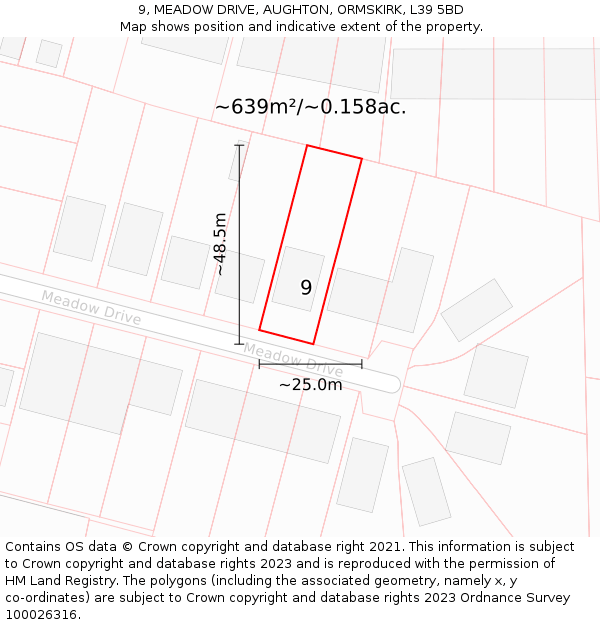 9, MEADOW DRIVE, AUGHTON, ORMSKIRK, L39 5BD: Plot and title map