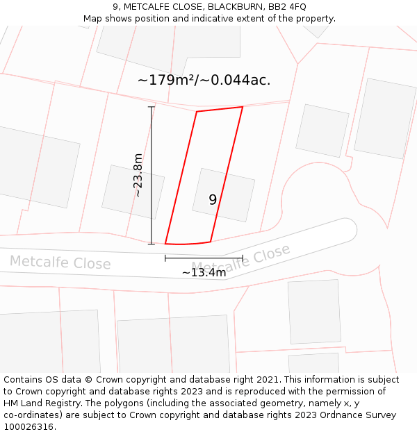 9, METCALFE CLOSE, BLACKBURN, BB2 4FQ: Plot and title map