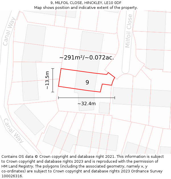 9, MILFOIL CLOSE, HINCKLEY, LE10 0DF: Plot and title map
