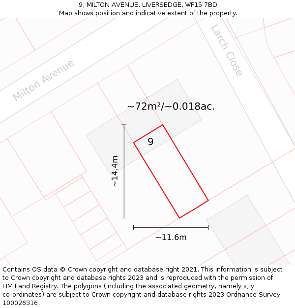 9, MILTON AVENUE, LIVERSEDGE, WF15 7BD: Plot and title map