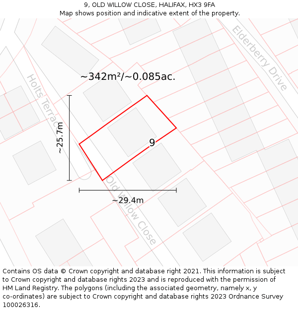 9, OLD WILLOW CLOSE, HALIFAX, HX3 9FA: Plot and title map