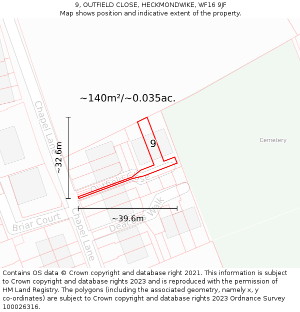 9, OUTFIELD CLOSE, HECKMONDWIKE, WF16 9JF: Plot and title map