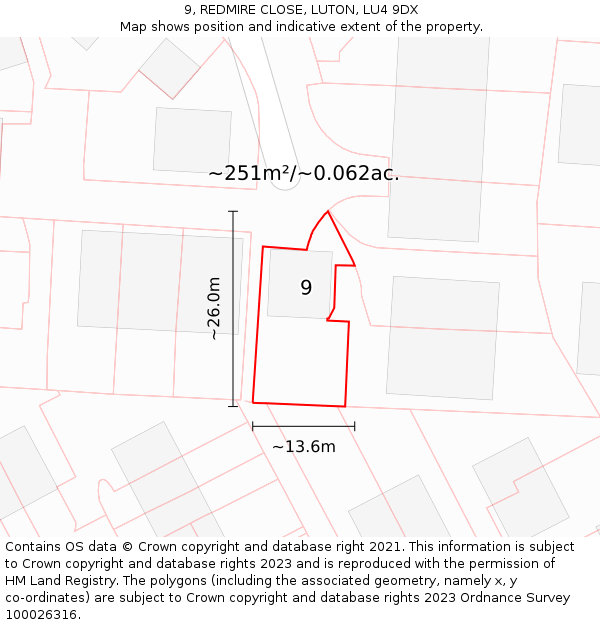 9, REDMIRE CLOSE, LUTON, LU4 9DX: Plot and title map