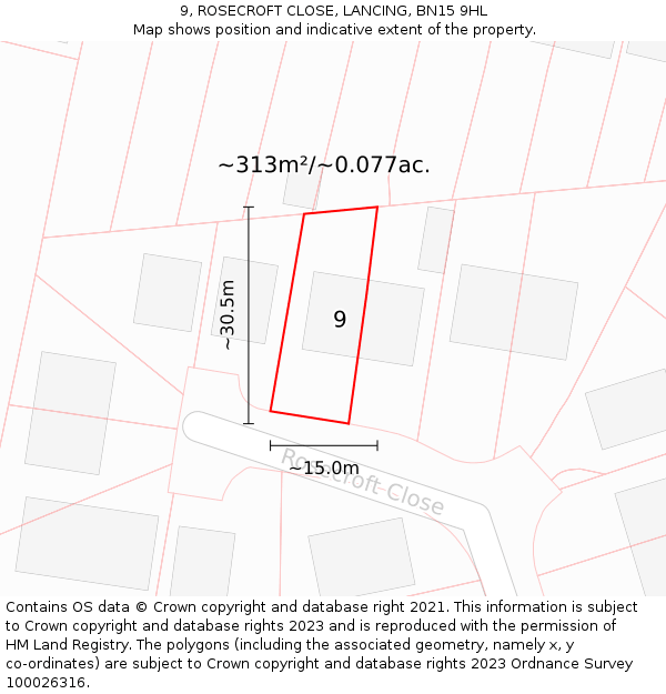 9, ROSECROFT CLOSE, LANCING, BN15 9HL: Plot and title map