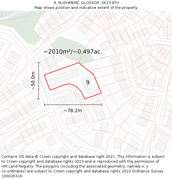 9, RUSHMERE, GLOSSOP, SK13 8TH: Plot and title map