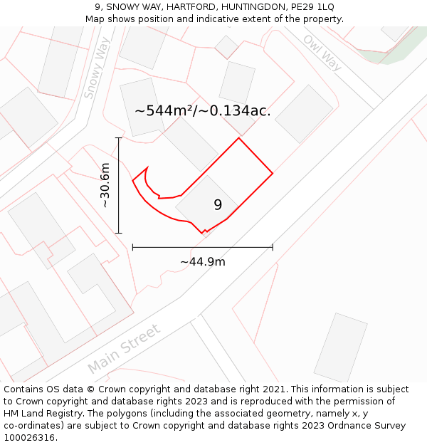 9, SNOWY WAY, HARTFORD, HUNTINGDON, PE29 1LQ: Plot and title map