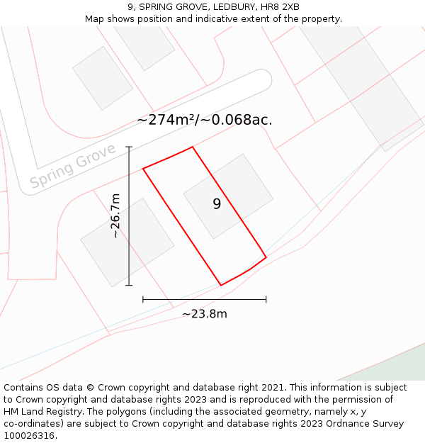 9, SPRING GROVE, LEDBURY, HR8 2XB: Plot and title map