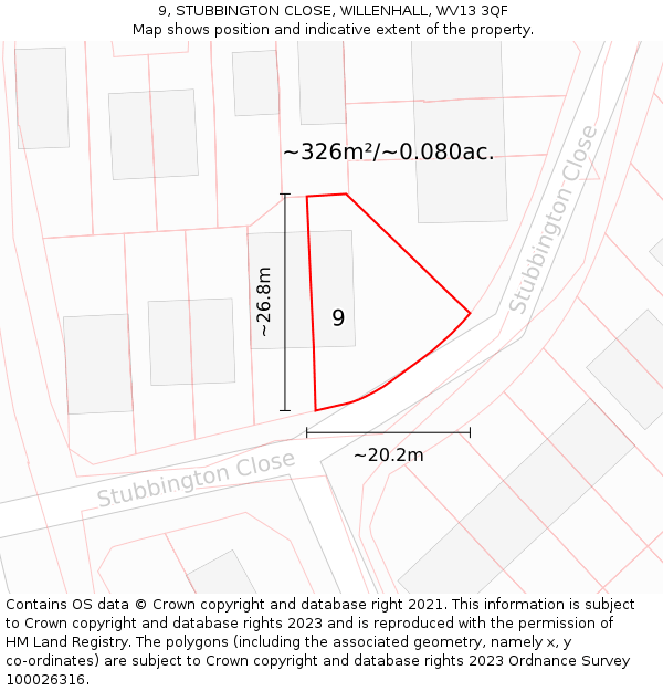 9, STUBBINGTON CLOSE, WILLENHALL, WV13 3QF: Plot and title map