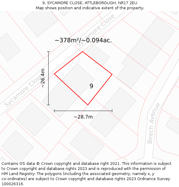 9, SYCAMORE CLOSE, ATTLEBOROUGH, NR17 2EU: Plot and title map