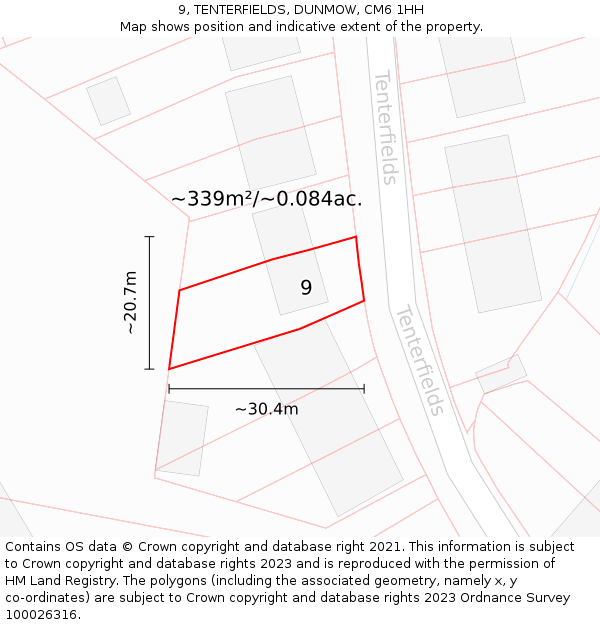 9, TENTERFIELDS, DUNMOW, CM6 1HH: Plot and title map