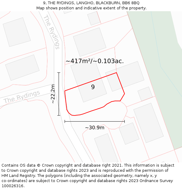 9, THE RYDINGS, LANGHO, BLACKBURN, BB6 8BQ: Plot and title map