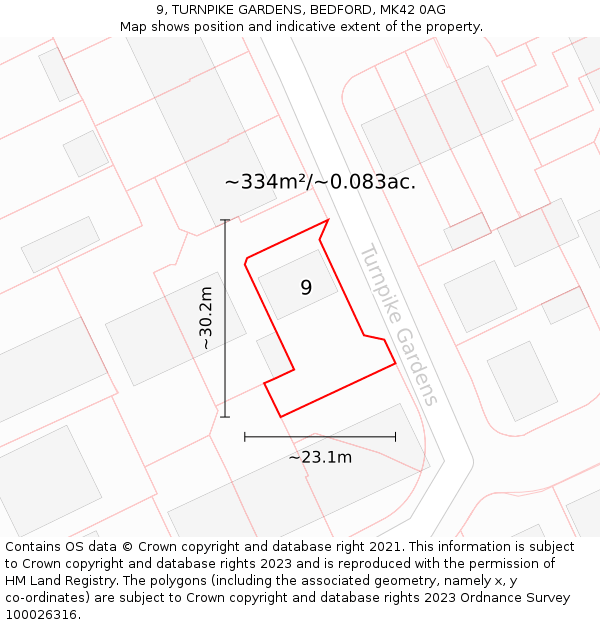 9, TURNPIKE GARDENS, BEDFORD, MK42 0AG: Plot and title map