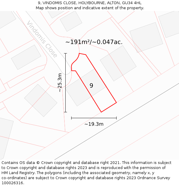 9, VINDOMIS CLOSE, HOLYBOURNE, ALTON, GU34 4HL: Plot and title map