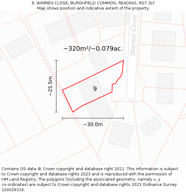 9, WARREN CLOSE, BURGHFIELD COMMON, READING, RG7 3LY: Plot and title map