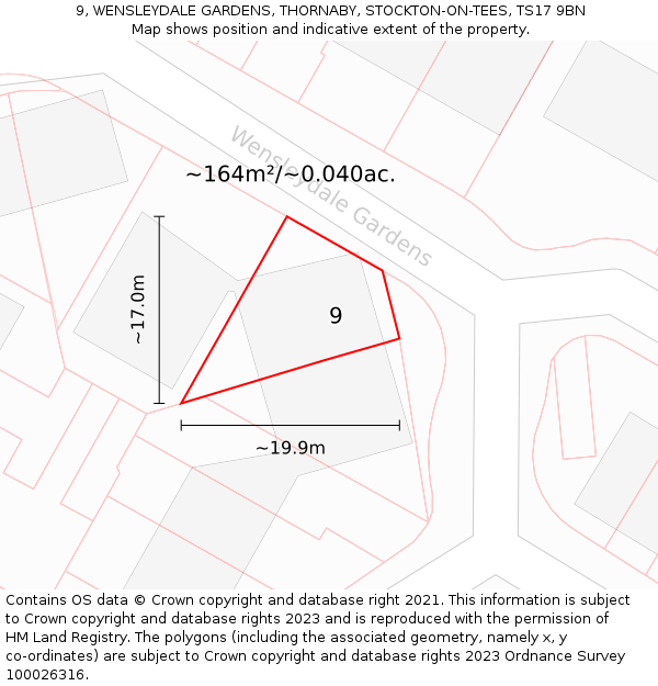 9, WENSLEYDALE GARDENS, THORNABY, STOCKTON-ON-TEES, TS17 9BN: Plot and title map