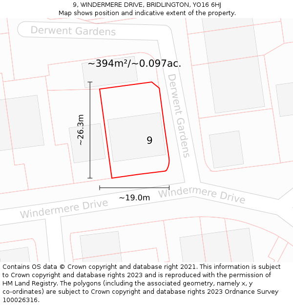 9, WINDERMERE DRIVE, BRIDLINGTON, YO16 6HJ: Plot and title map