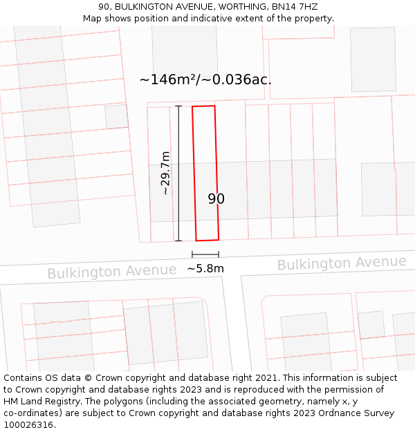 90, BULKINGTON AVENUE, WORTHING, BN14 7HZ: Plot and title map