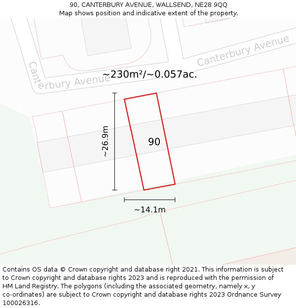 90, CANTERBURY AVENUE, WALLSEND, NE28 9QQ: Plot and title map