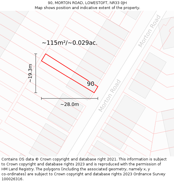 90, MORTON ROAD, LOWESTOFT, NR33 0JH: Plot and title map