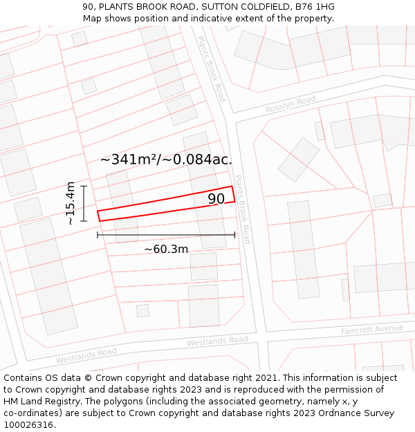 90, PLANTS BROOK ROAD, SUTTON COLDFIELD, B76 1HG: Plot and title map