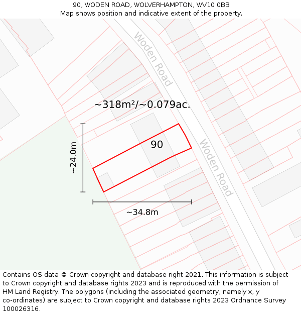 90, WODEN ROAD, WOLVERHAMPTON, WV10 0BB: Plot and title map