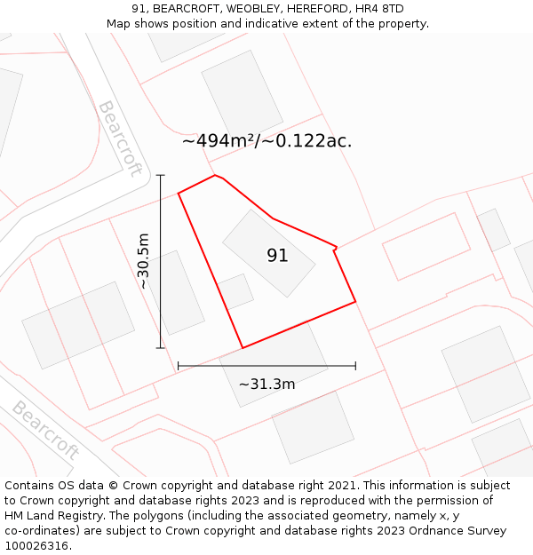 91, BEARCROFT, WEOBLEY, HEREFORD, HR4 8TD: Plot and title map