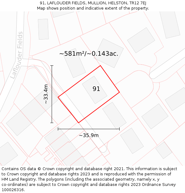 91, LAFLOUDER FIELDS, MULLION, HELSTON, TR12 7EJ: Plot and title map